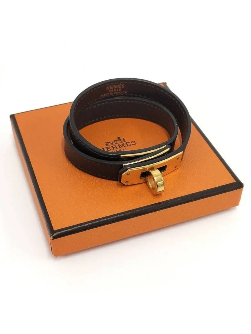 Hermes Tall Double Tour Bracelet Leather Dark Brown Gold Plated